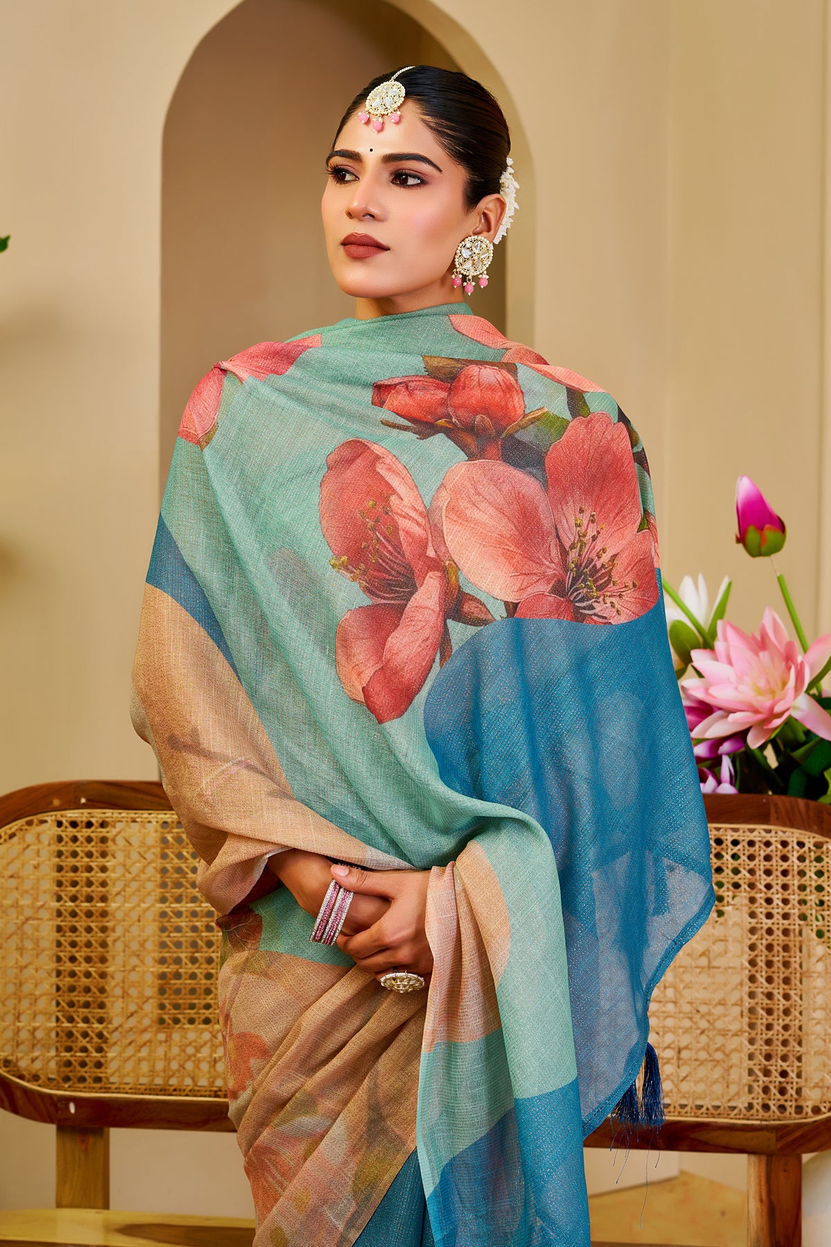 Cream Tissue Cotton Saree with Blue Floral Digital Print for Women