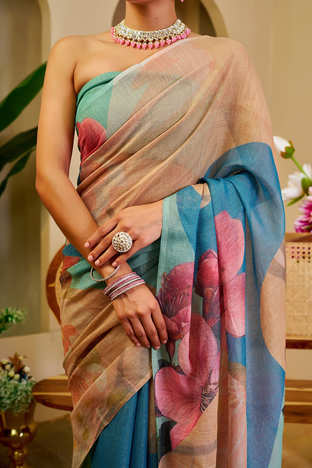 Cream Tissue Cotton Saree with Blue Floral Digital Print for Women