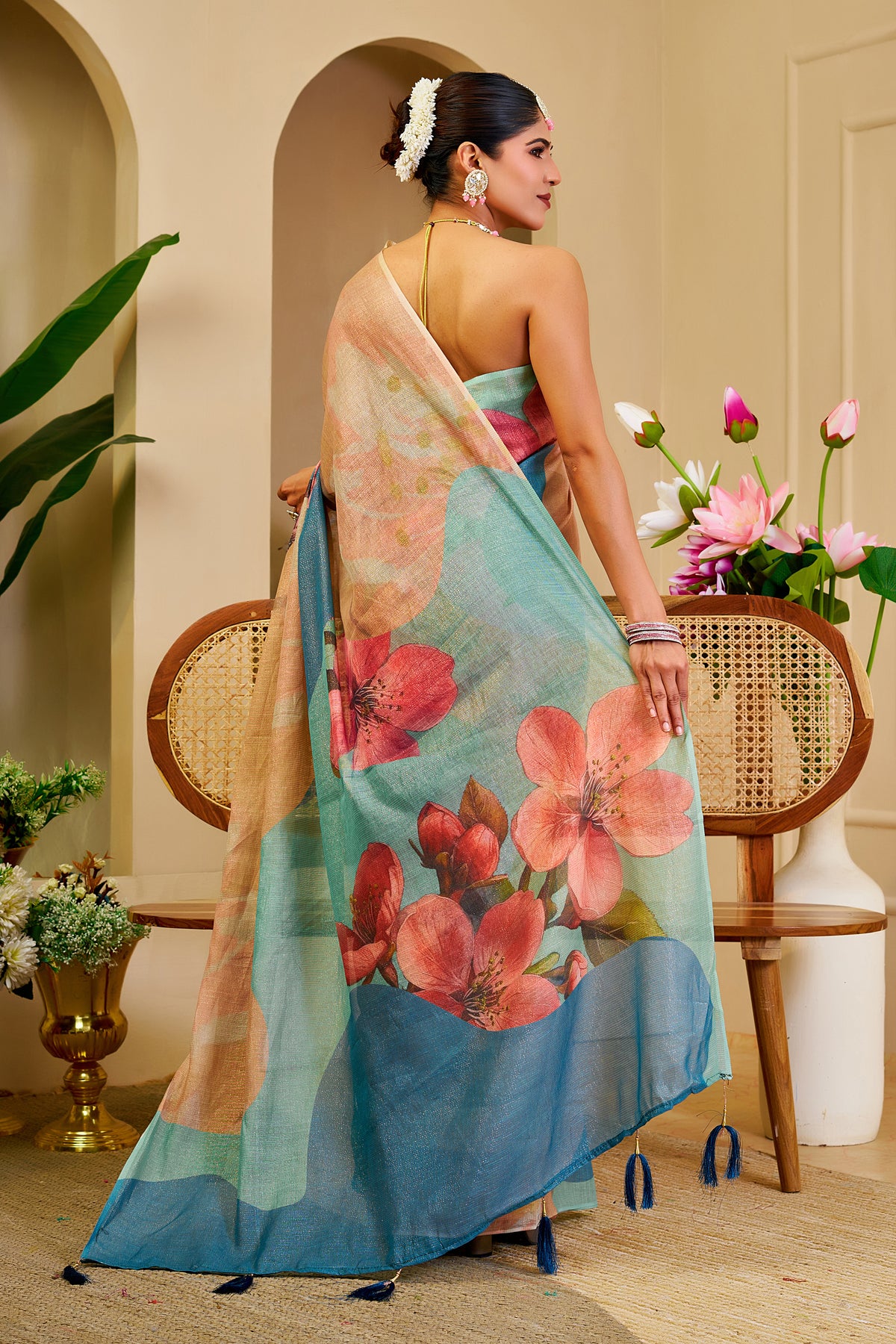 Cream Tissue Cotton Saree with Blue Floral Digital Print for Women