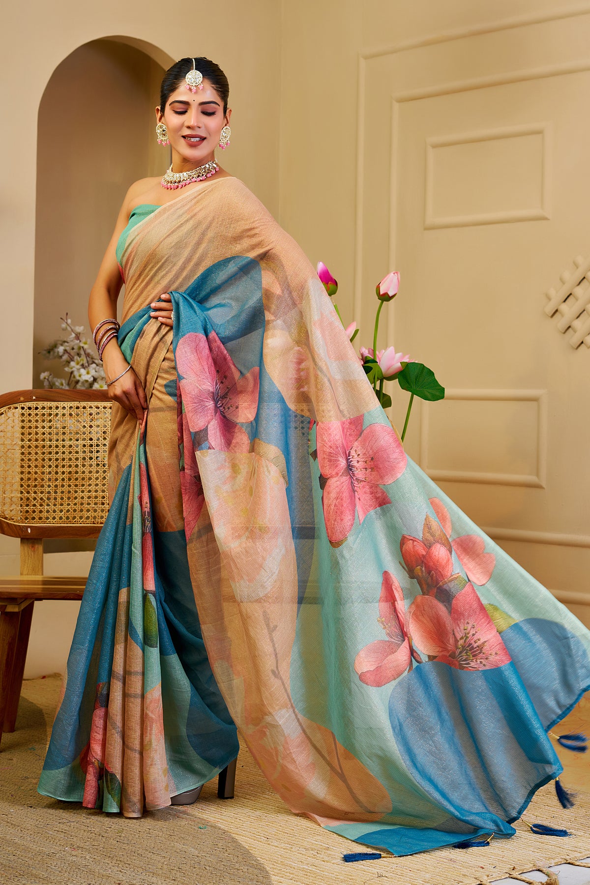 Cream Tissue Cotton Saree with Blue Floral Digital Print for Women