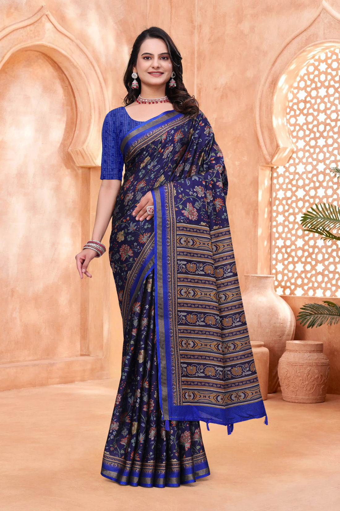 Navy Blue Mal Cotton Floral Saree With Blouse for Women