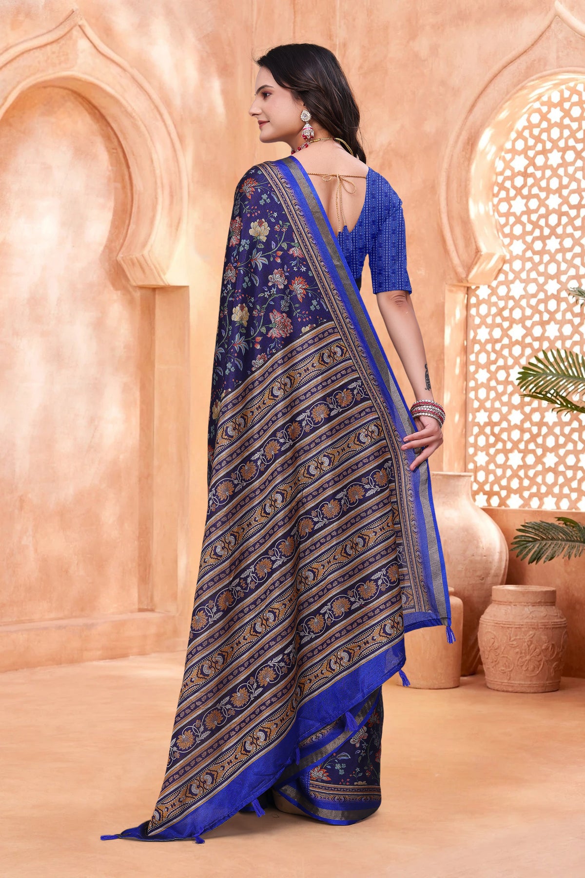 Navy Blue Mal Cotton Floral Saree With Blouse for Women