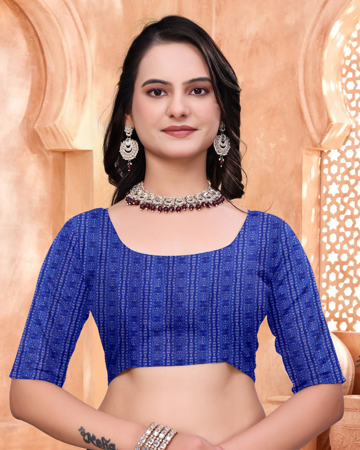 Navy Blue Mal Cotton Floral Saree With Blouse for Women