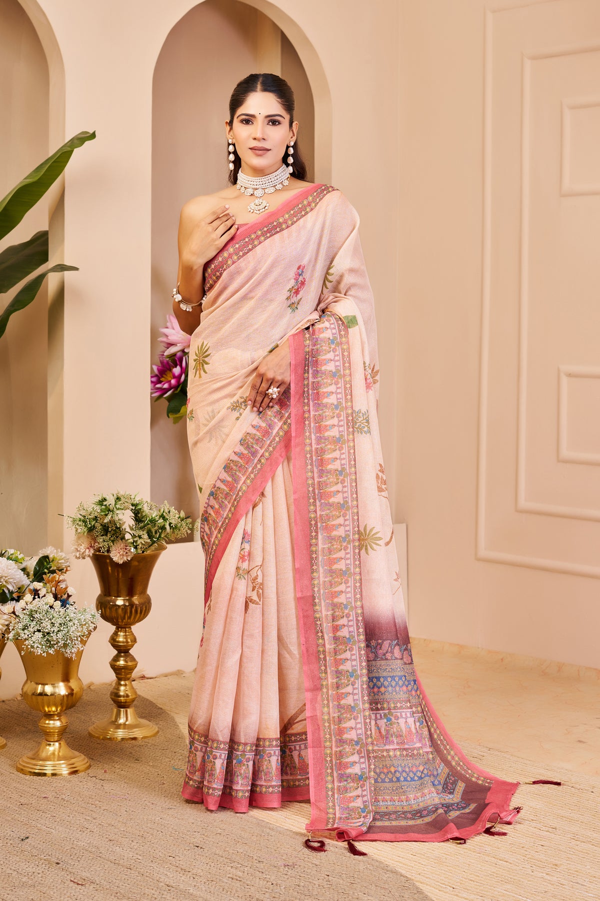 Peach Tissue Cotton Saree with Floral Print and Pink Border for Women