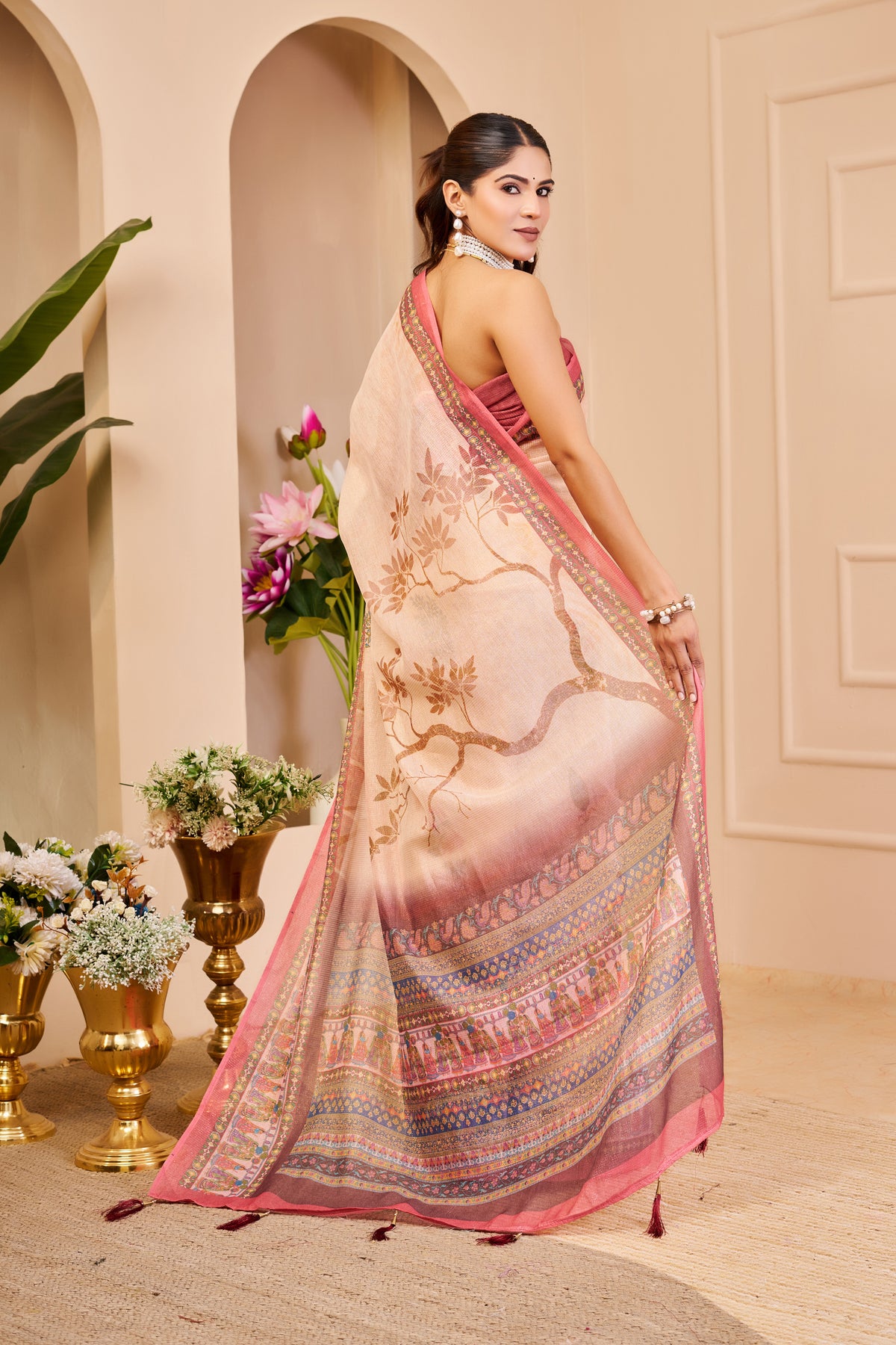 Peach Tissue Cotton Saree with Floral Print and Pink Border for Women