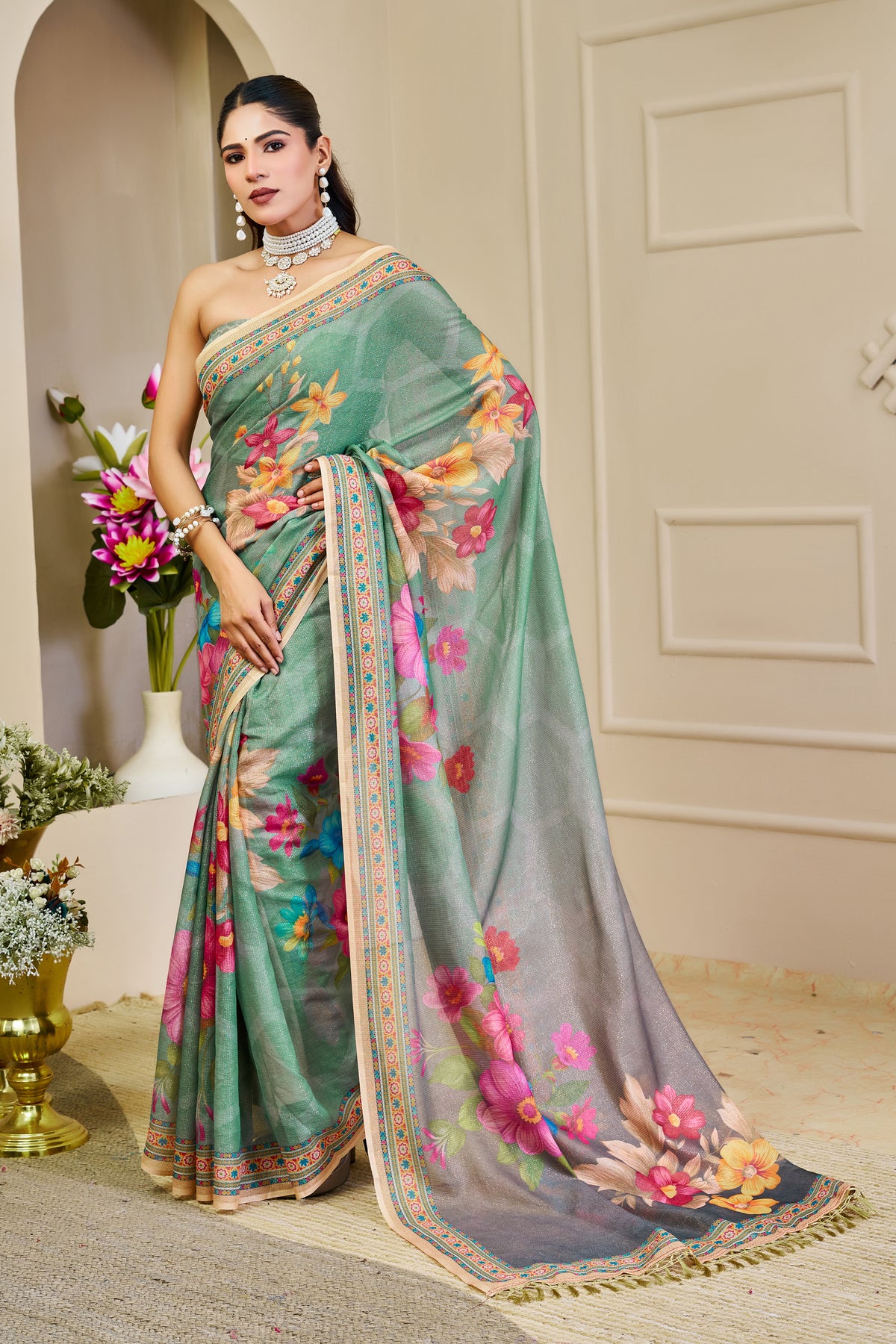 Mint Green Tissue Handloom Saree with Floral Print and Zari for Women