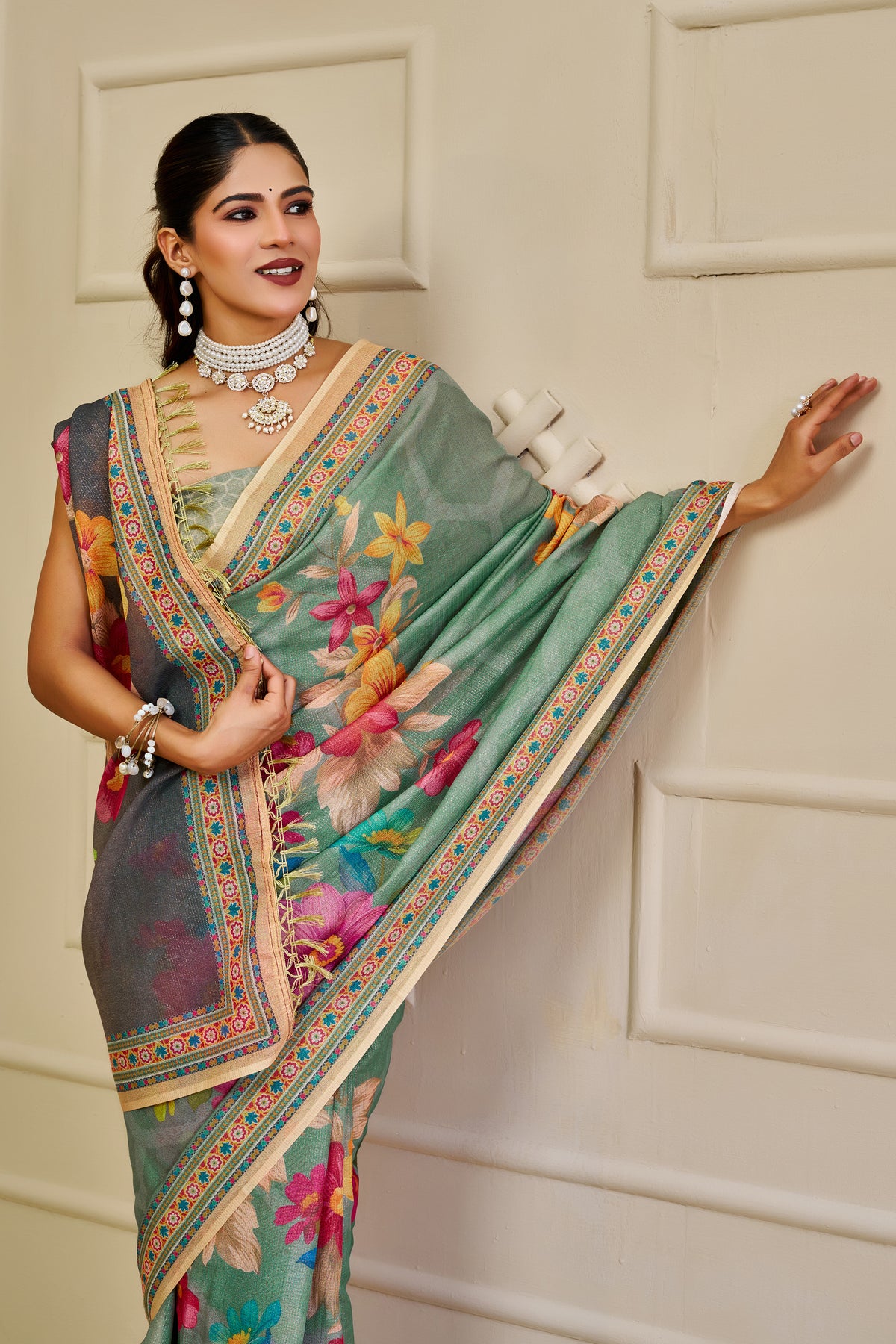 Mint Green Tissue Handloom Saree with Floral Print and Zari for Women
