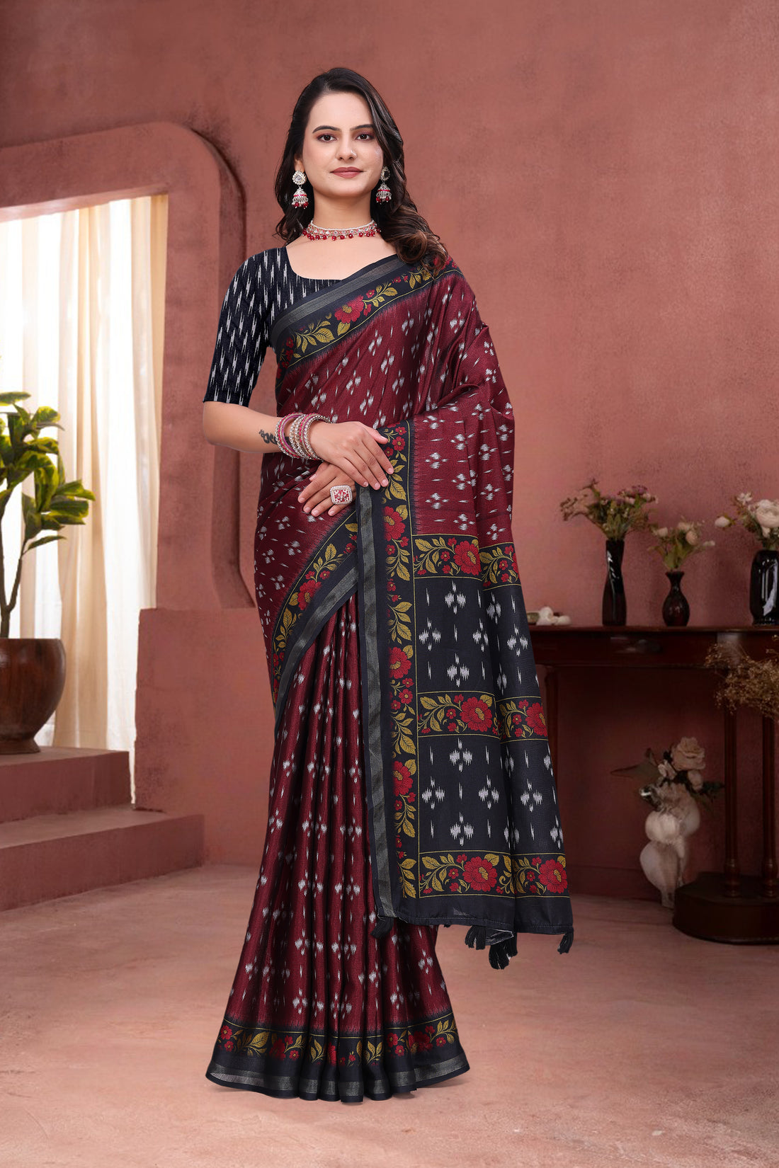 Maroon Mal Cotton Ethnic Saree With Blouse from for Women