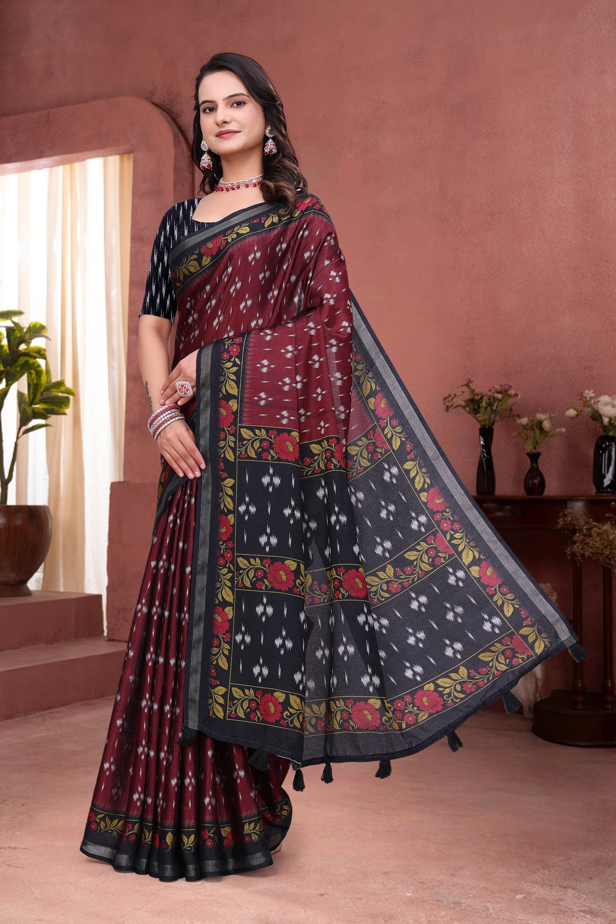 Maroon Mal Cotton Ethnic Saree With Blouse from for Women