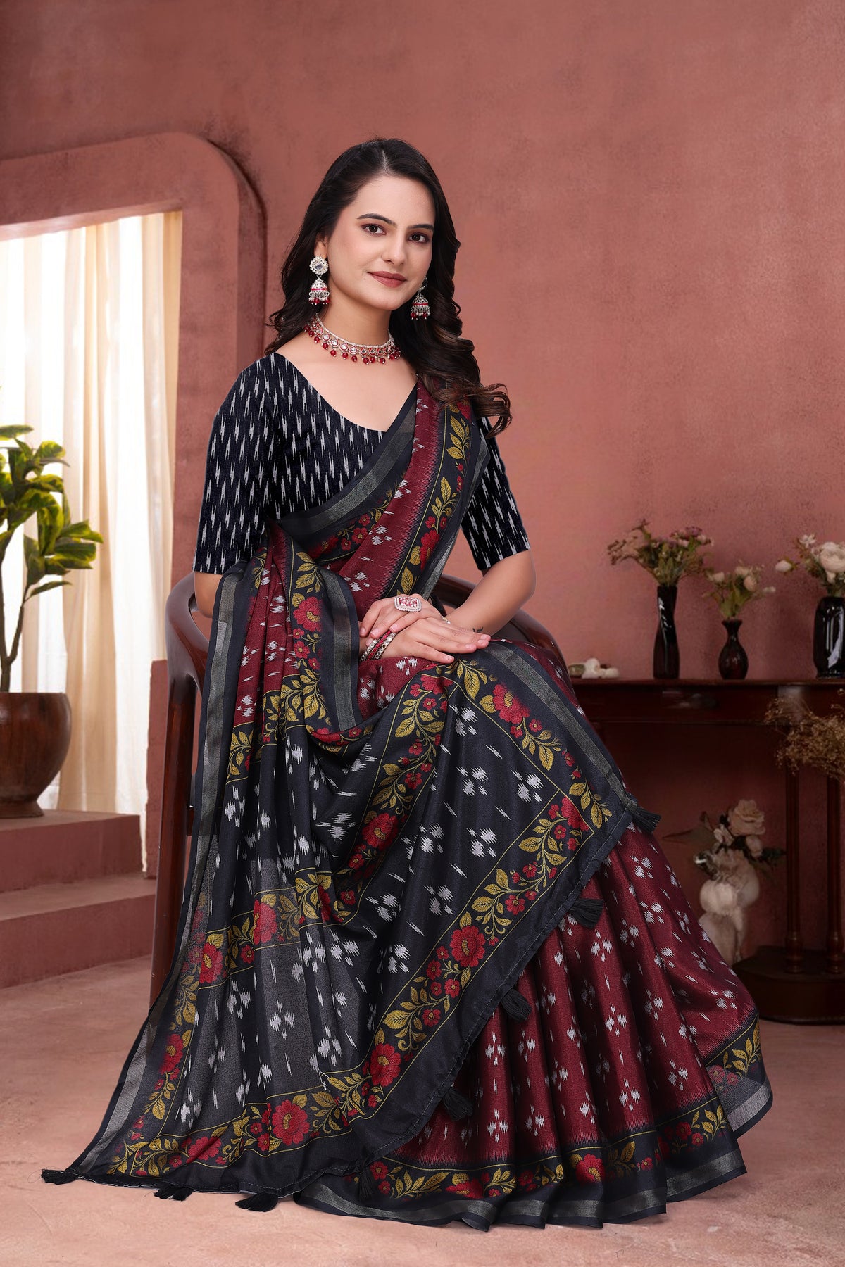 Maroon Mal Cotton Ethnic Saree With Blouse from for Women