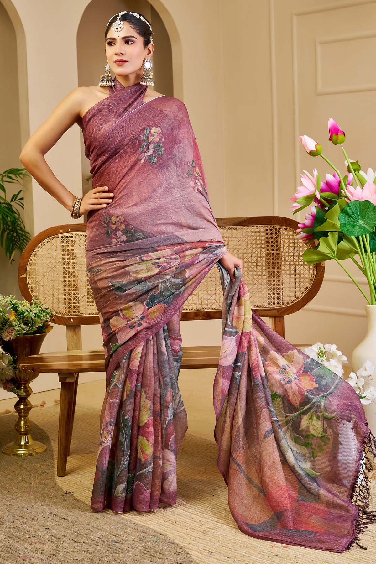 Maroon Tissue Cotton Saree with Floral Print and Zari Work for Women