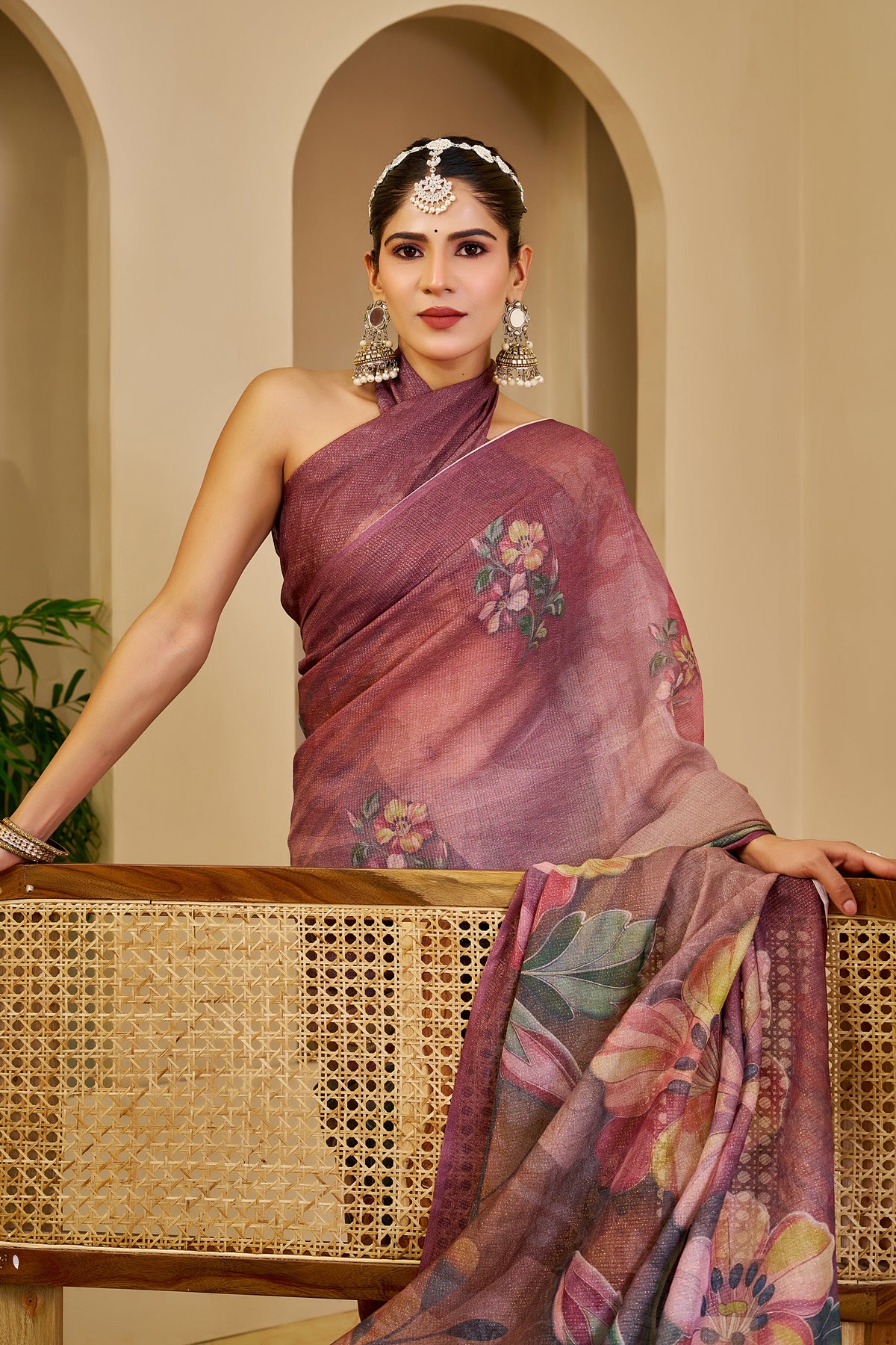 Maroon Tissue Cotton Saree with Floral Print and Zari Work for Women