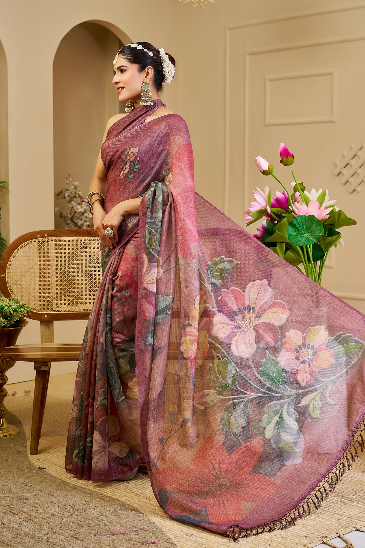 Maroon Tissue Cotton Saree with Floral Print and Zari Work for Women