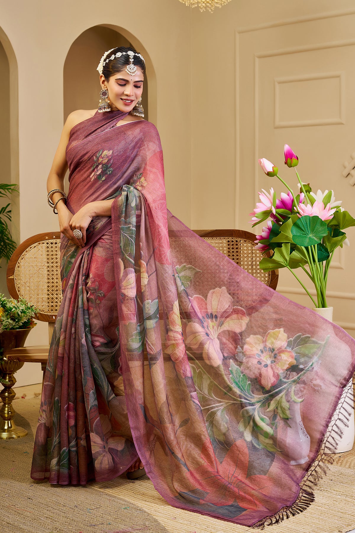 Maroon Tissue Cotton Saree with Floral Print and Zari Work for Women