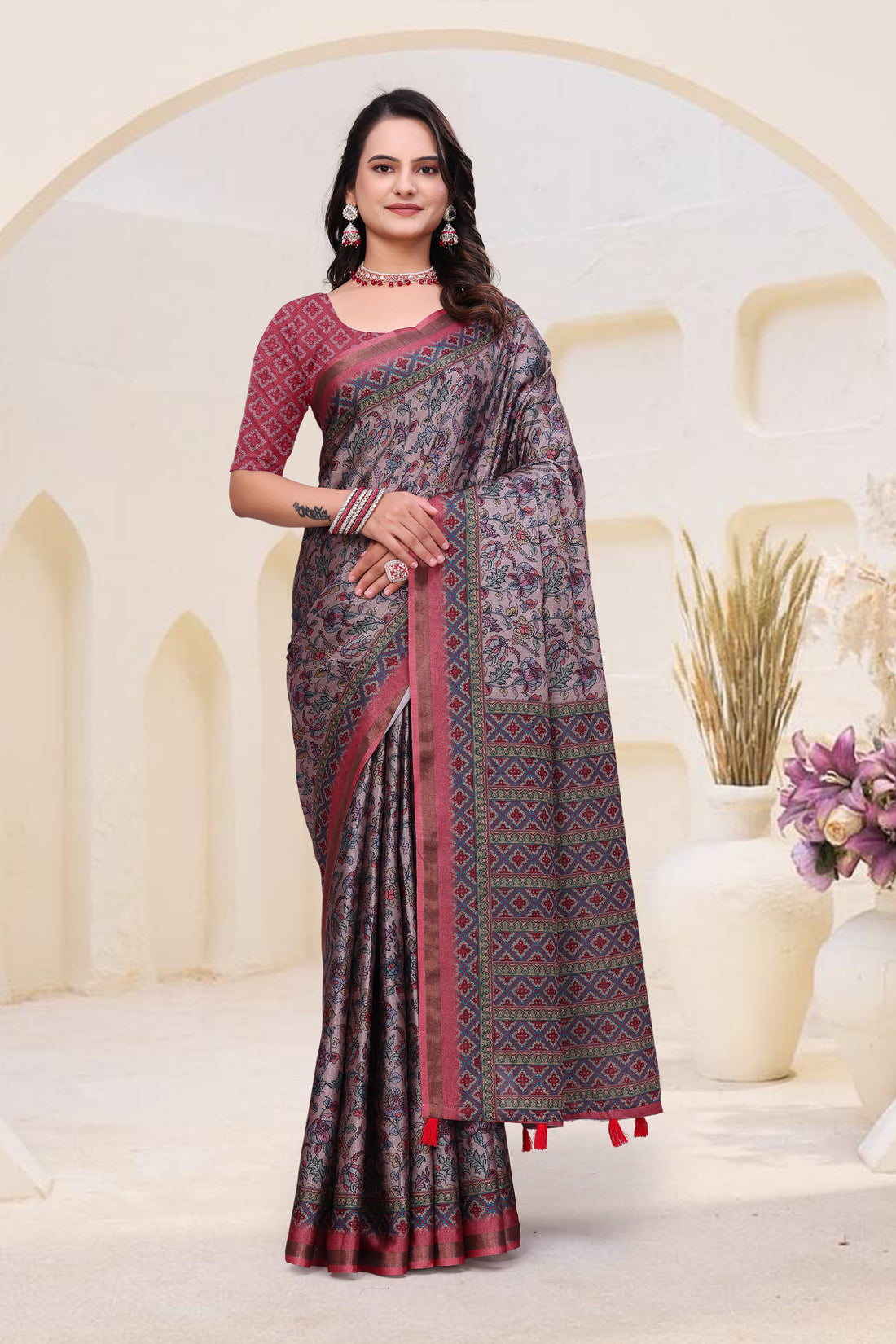 `Rose Grey Mal Cotton Floral Saree With Blouse for Women