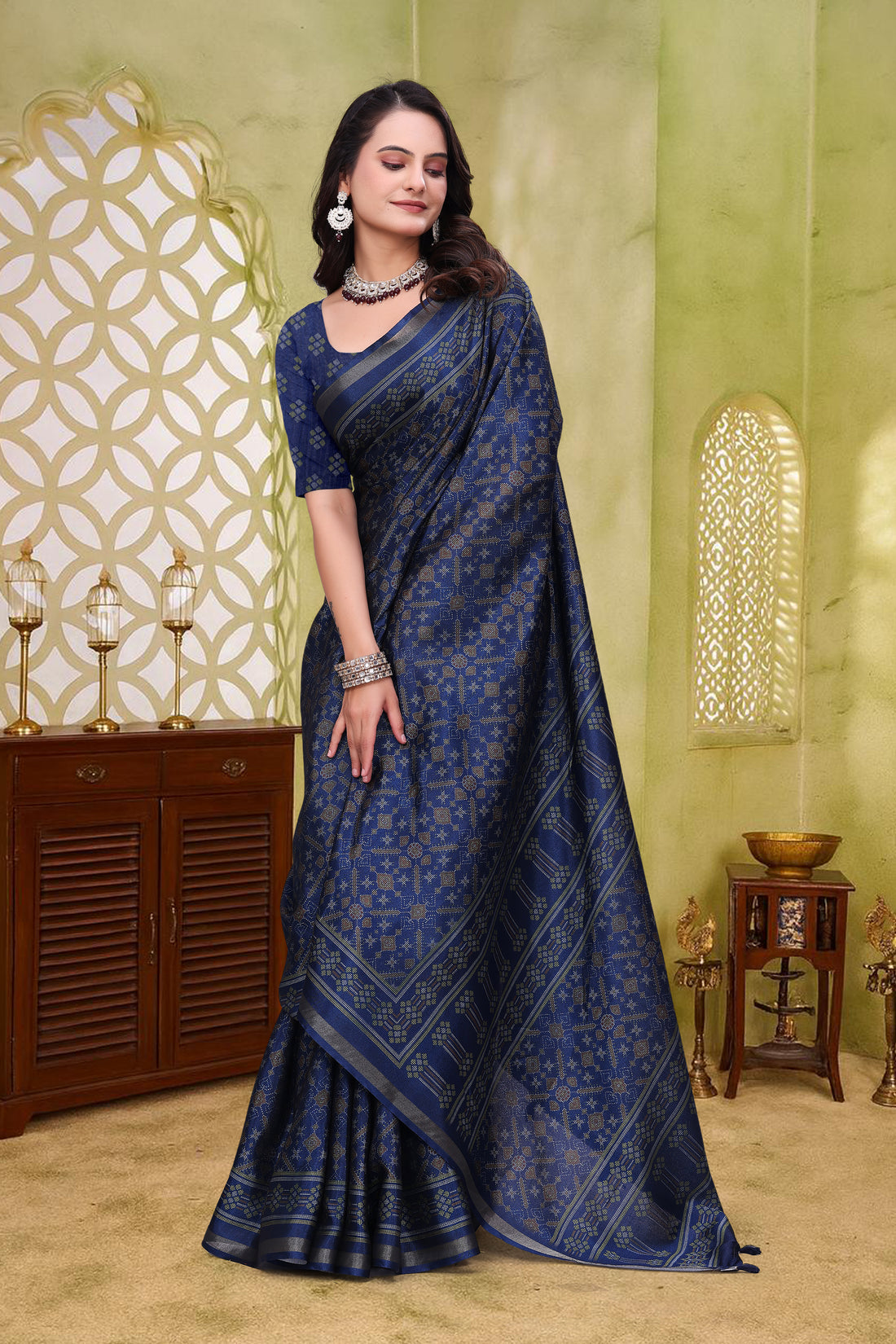 Navy Blue Mal Cotton Woven Saree With Blouse for Women