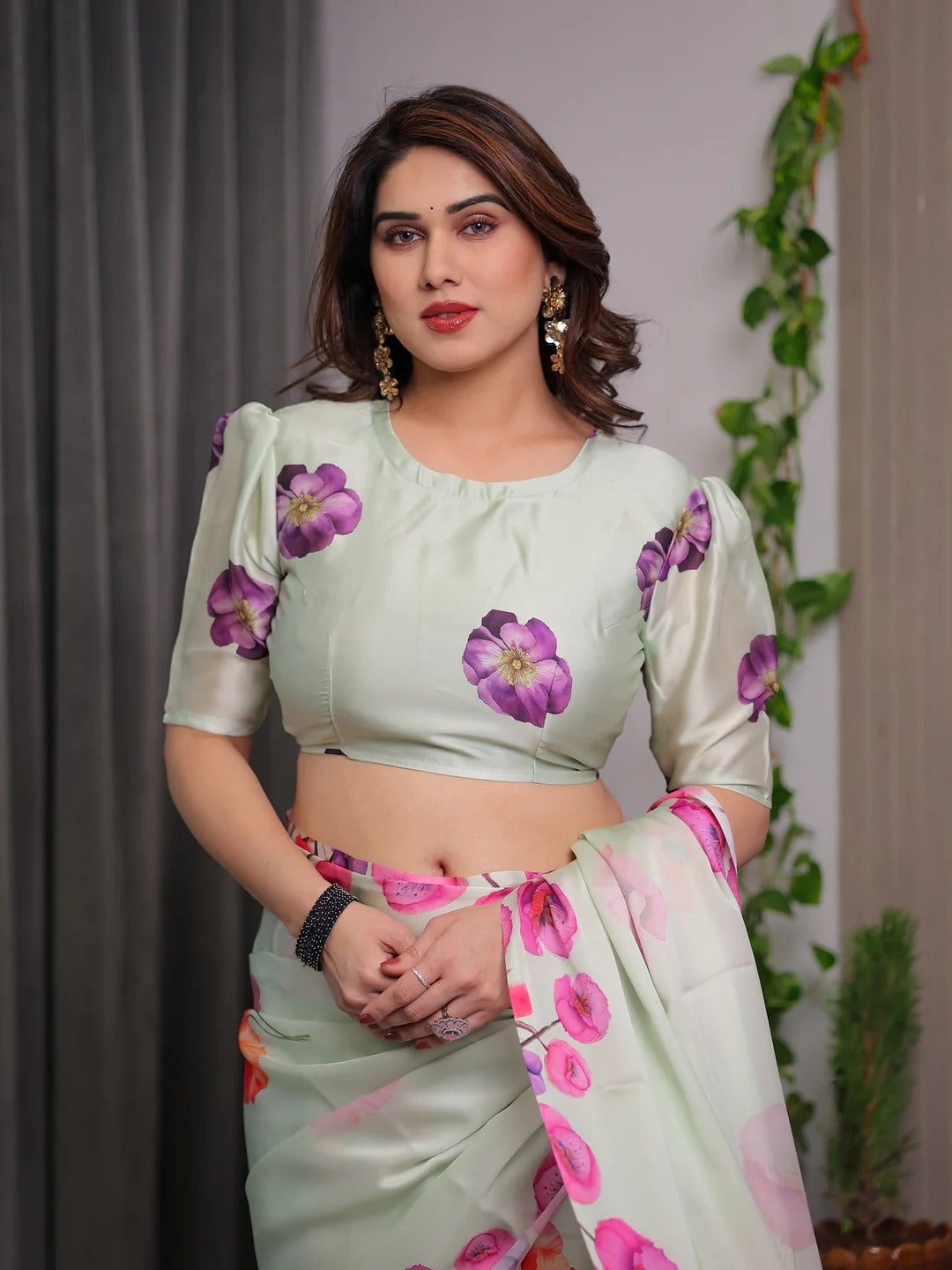 Mint Green Floral Satin Saree with Unstitched Blouse Fabric for Women