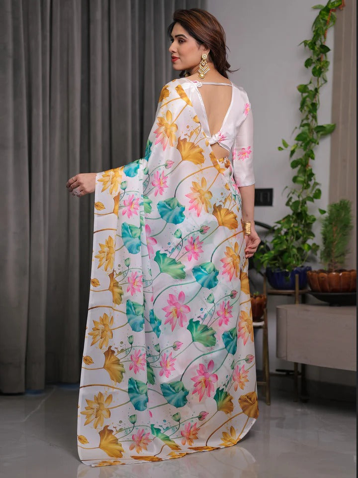 White Satin Floral Print Saree with Unstitched Blouse Piece for Women