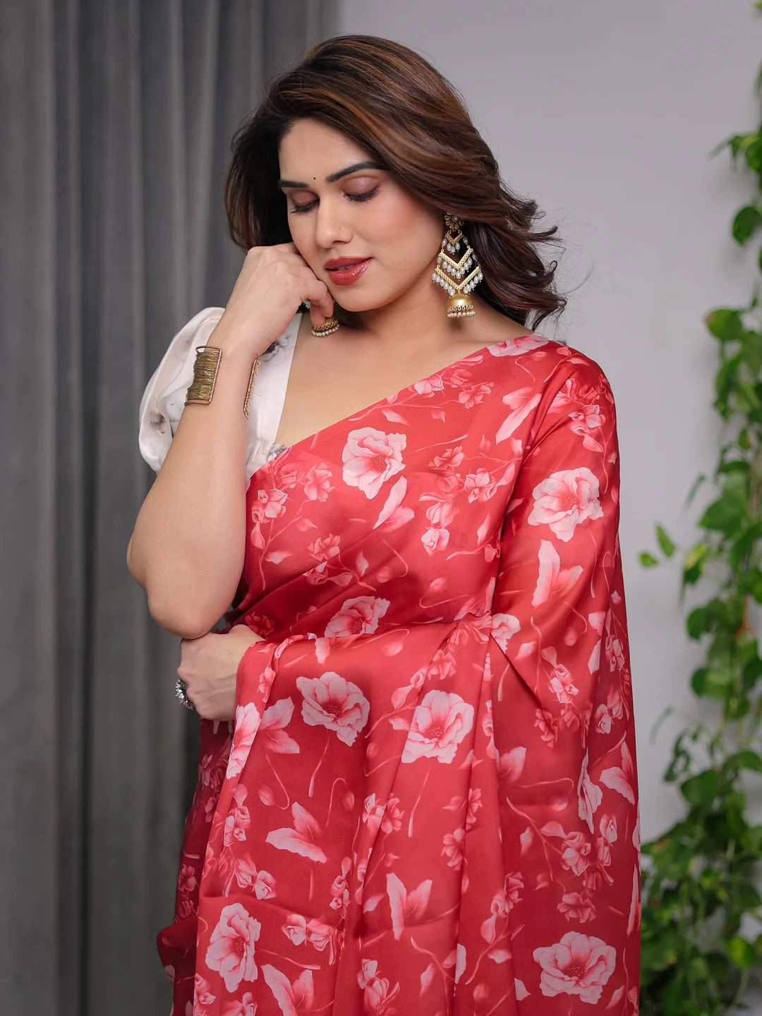Red Satin Floral Print Saree with Unstitched Blouse Textile for Women