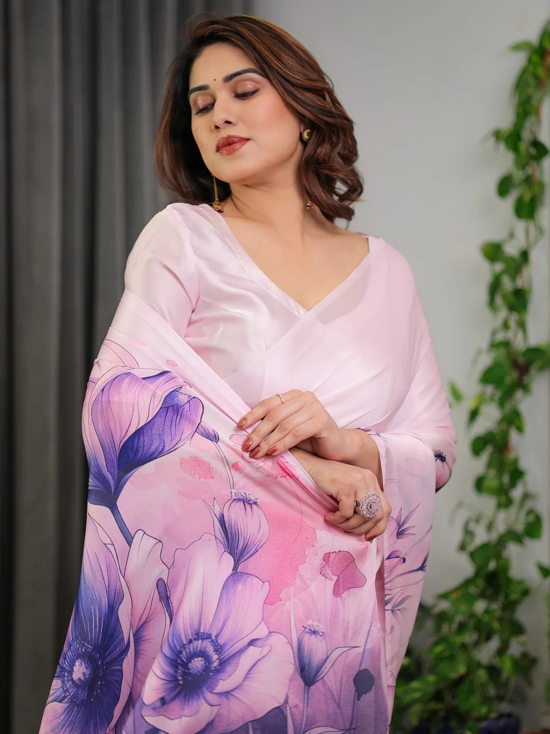 Light Pink Floral Satin Saree with Unstitched Blouse Fabric for Women