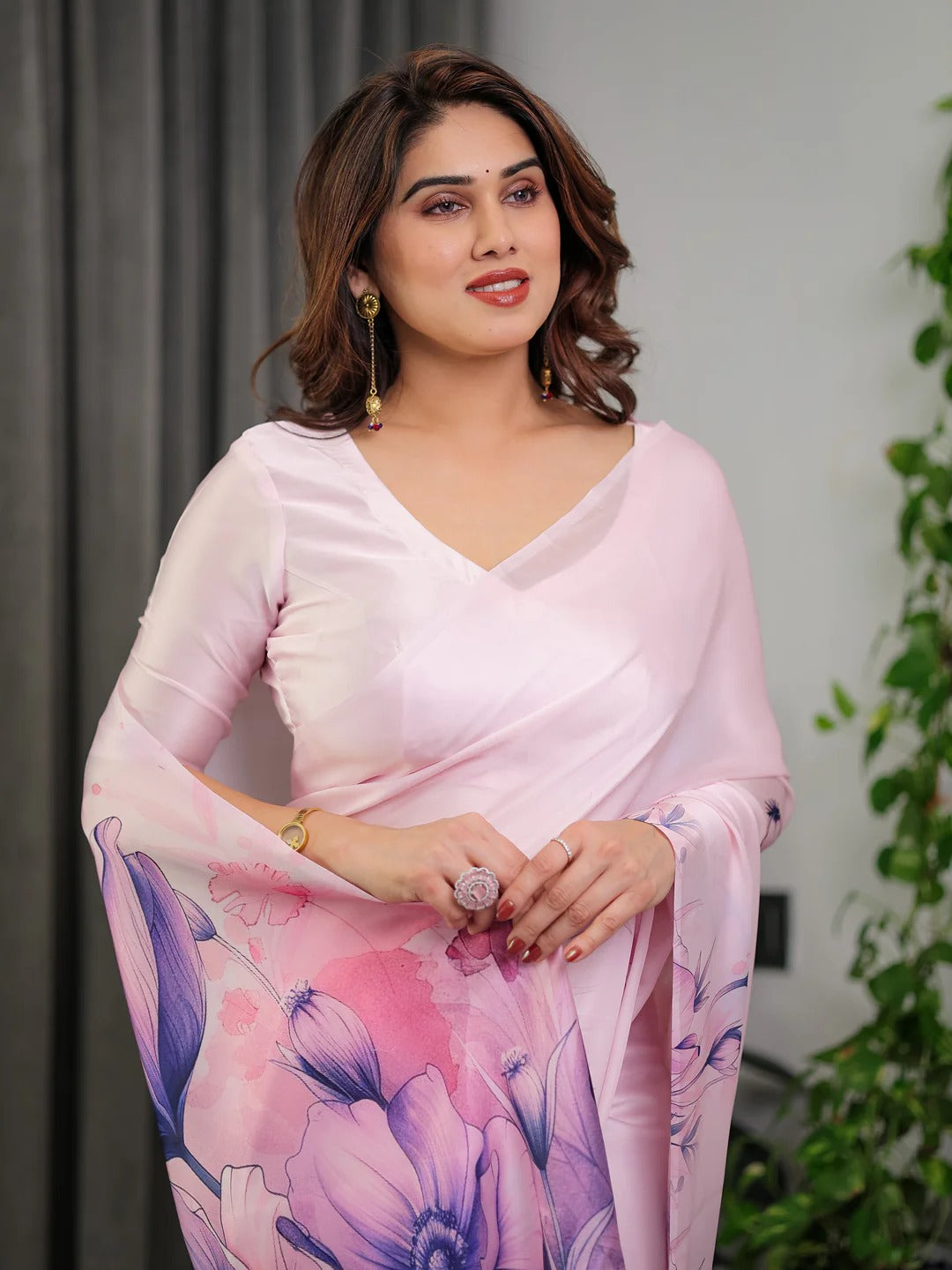 Light Pink Floral Satin Saree with Unstitched Blouse Fabric for Women
