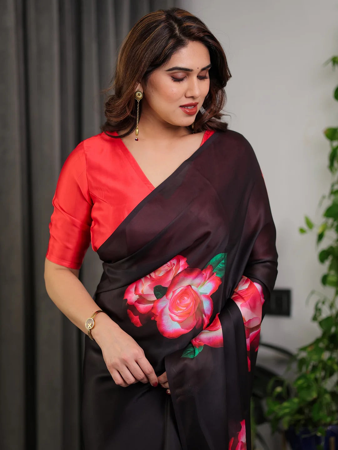 Black Satin Rose Floral Saree with Unstitched Blouse Fabric for Women