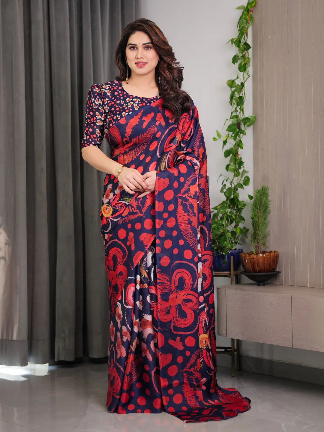 Navy Blue Printed Satin Saree with Blouse for Women