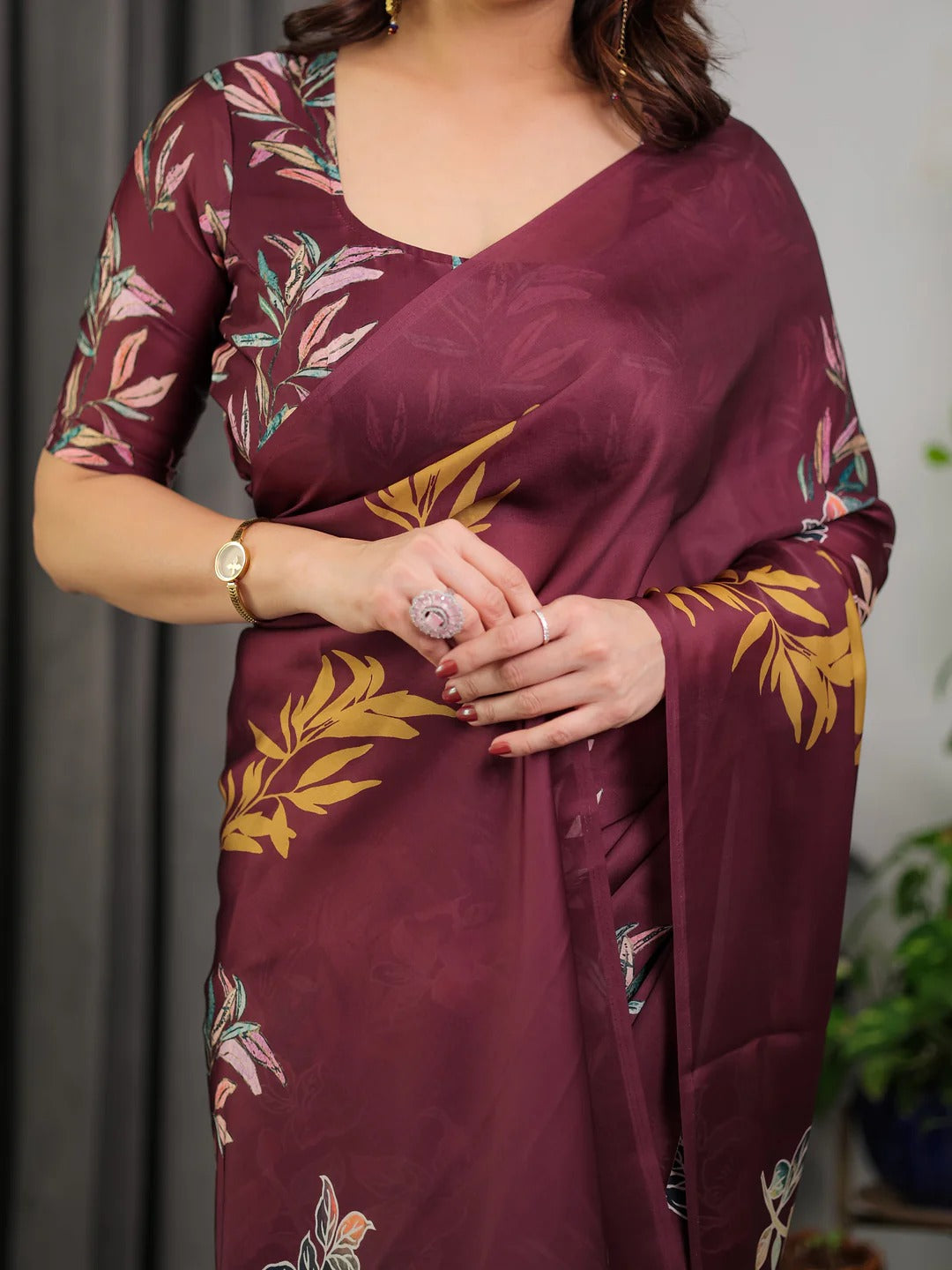 Wine Floral Satin Saree with Unstitched Blouse for Women
