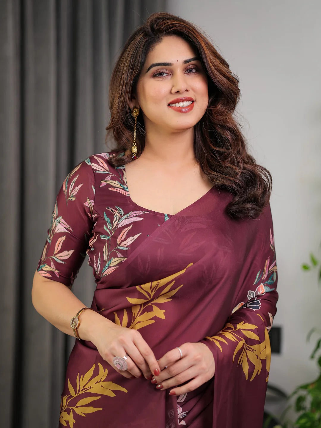 Wine Floral Satin Saree with Unstitched Blouse for Women