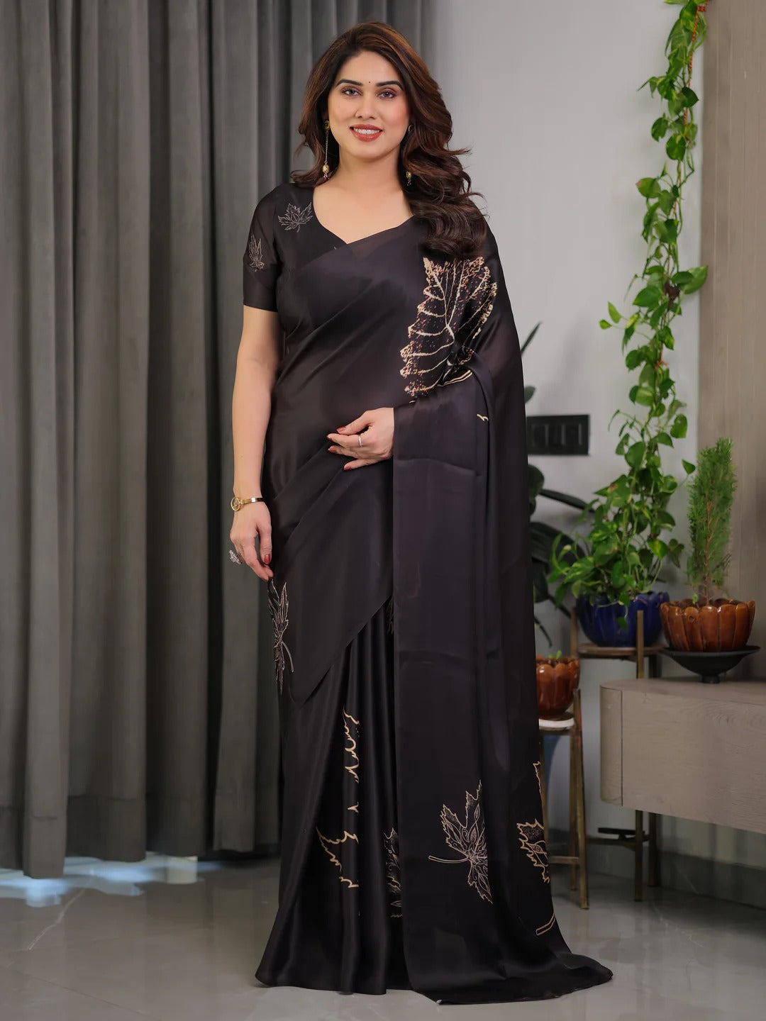 Black Satin Saree with Leaf Print & Blouse for Women