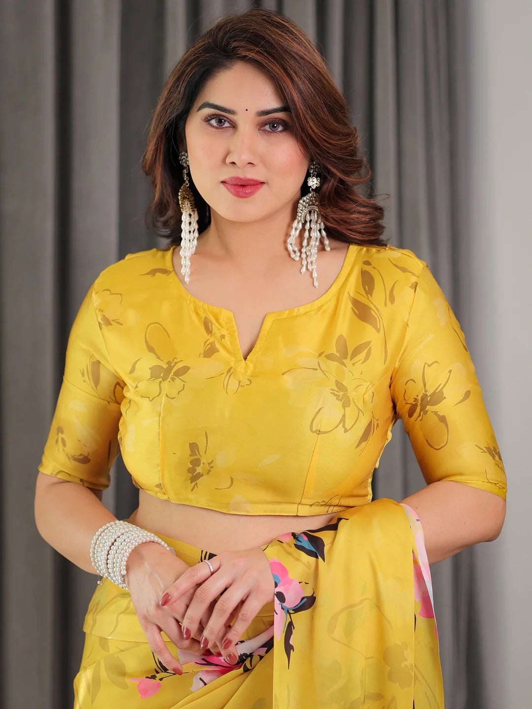 Yellow Floral Satin Saree & Unstitched Blouse for Women