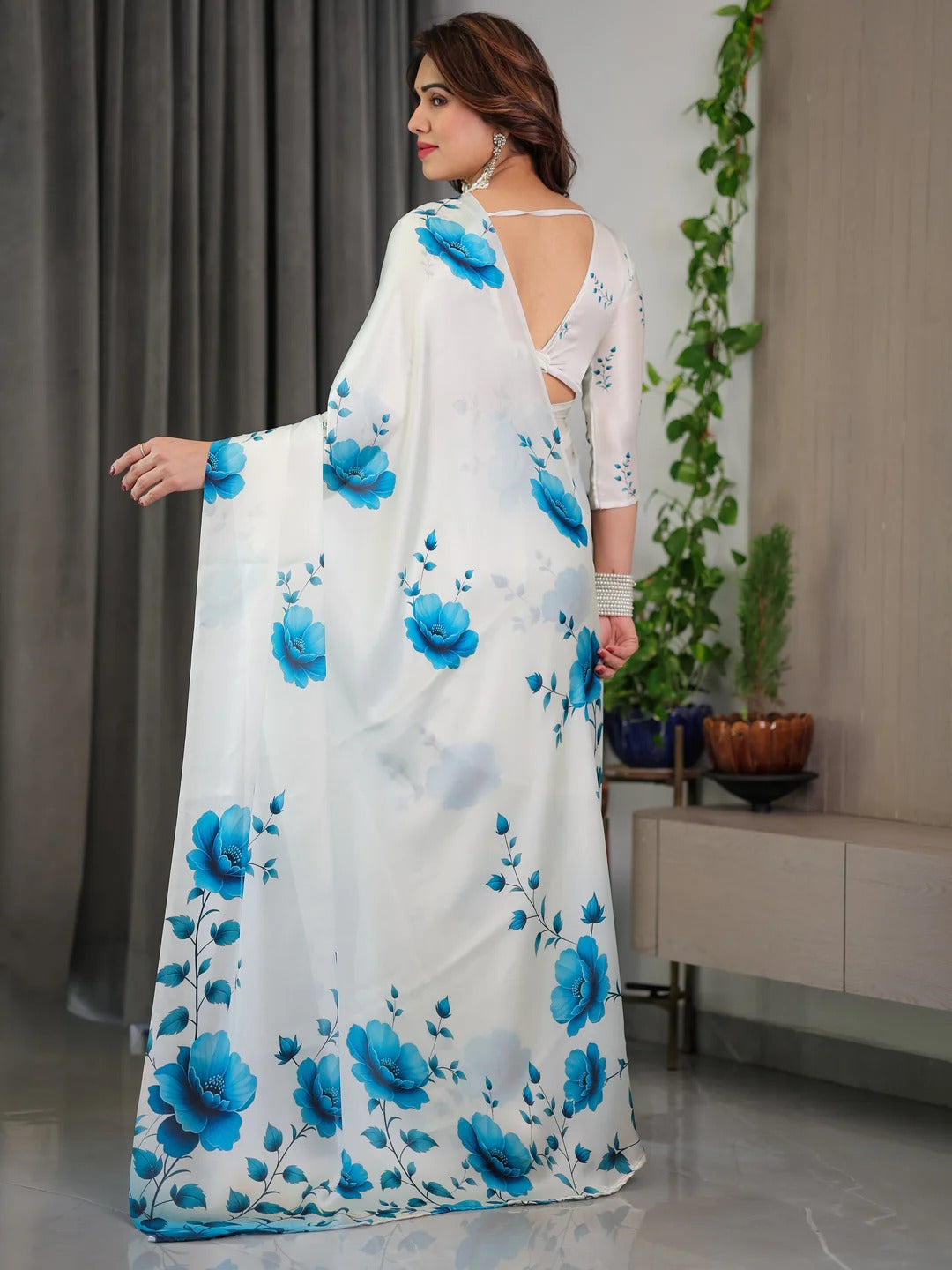 White Floral Satin Saree with Unstitched Blouse 3 for Women
