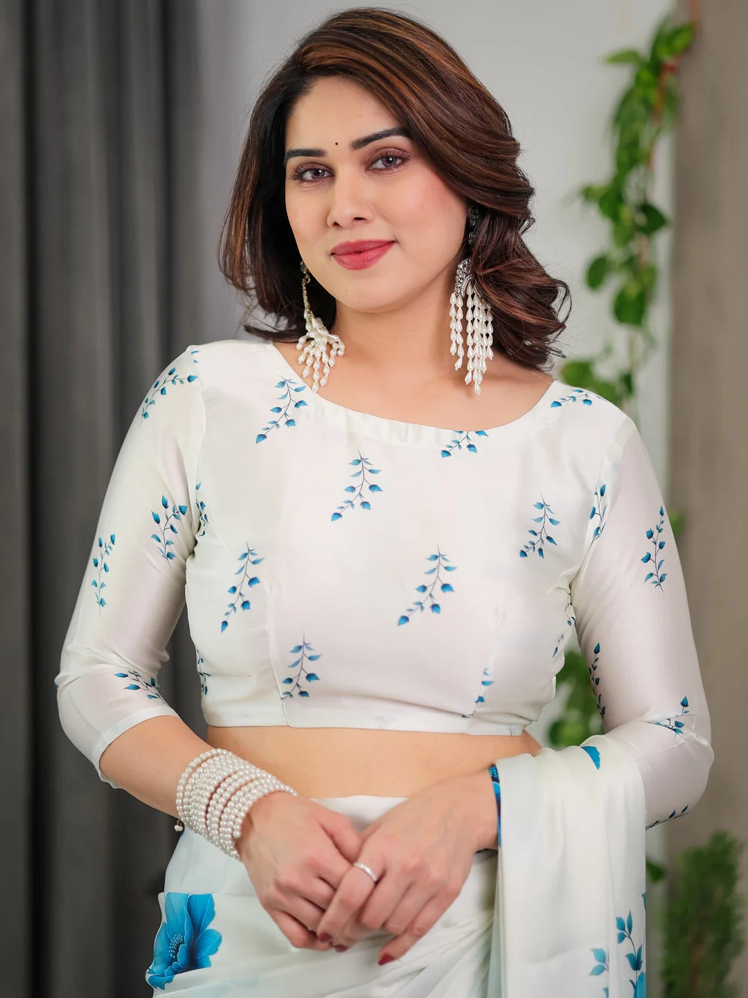 White Floral Satin Saree with Unstitched Blouse 3 for Women