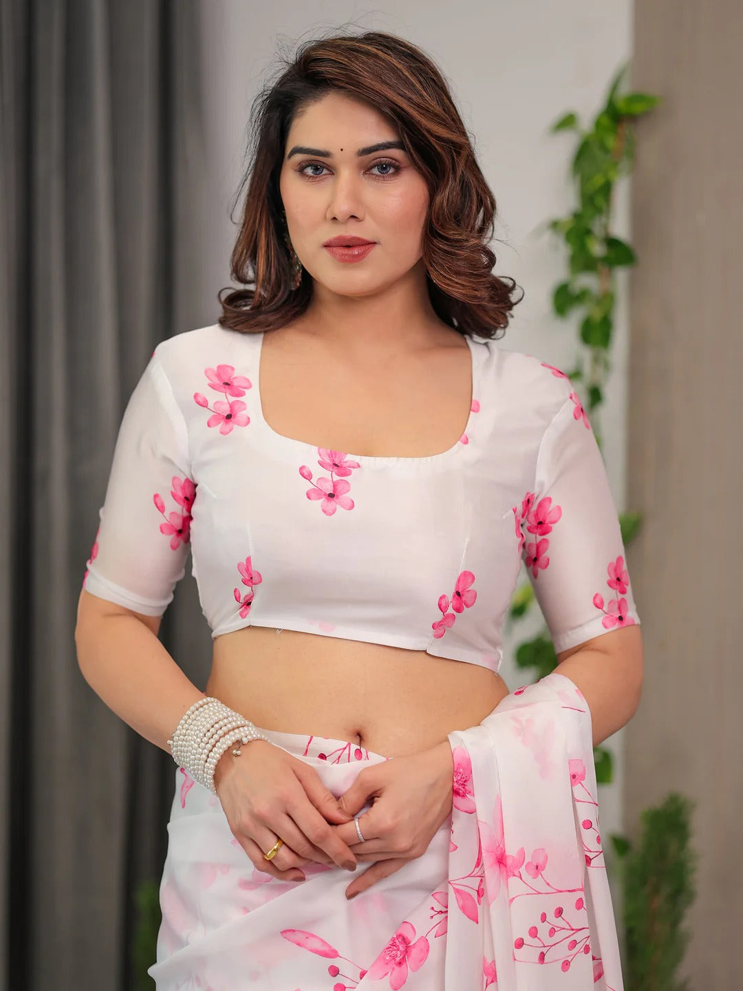 White Floral Satin Saree with Unstitched Blouse 2 for Women