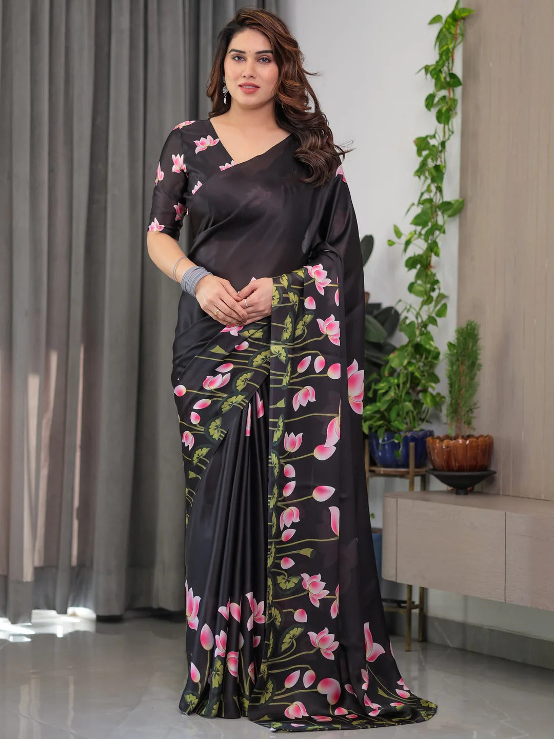 Black Floral Satin Saree with Unstitched Blouse 3 for Women