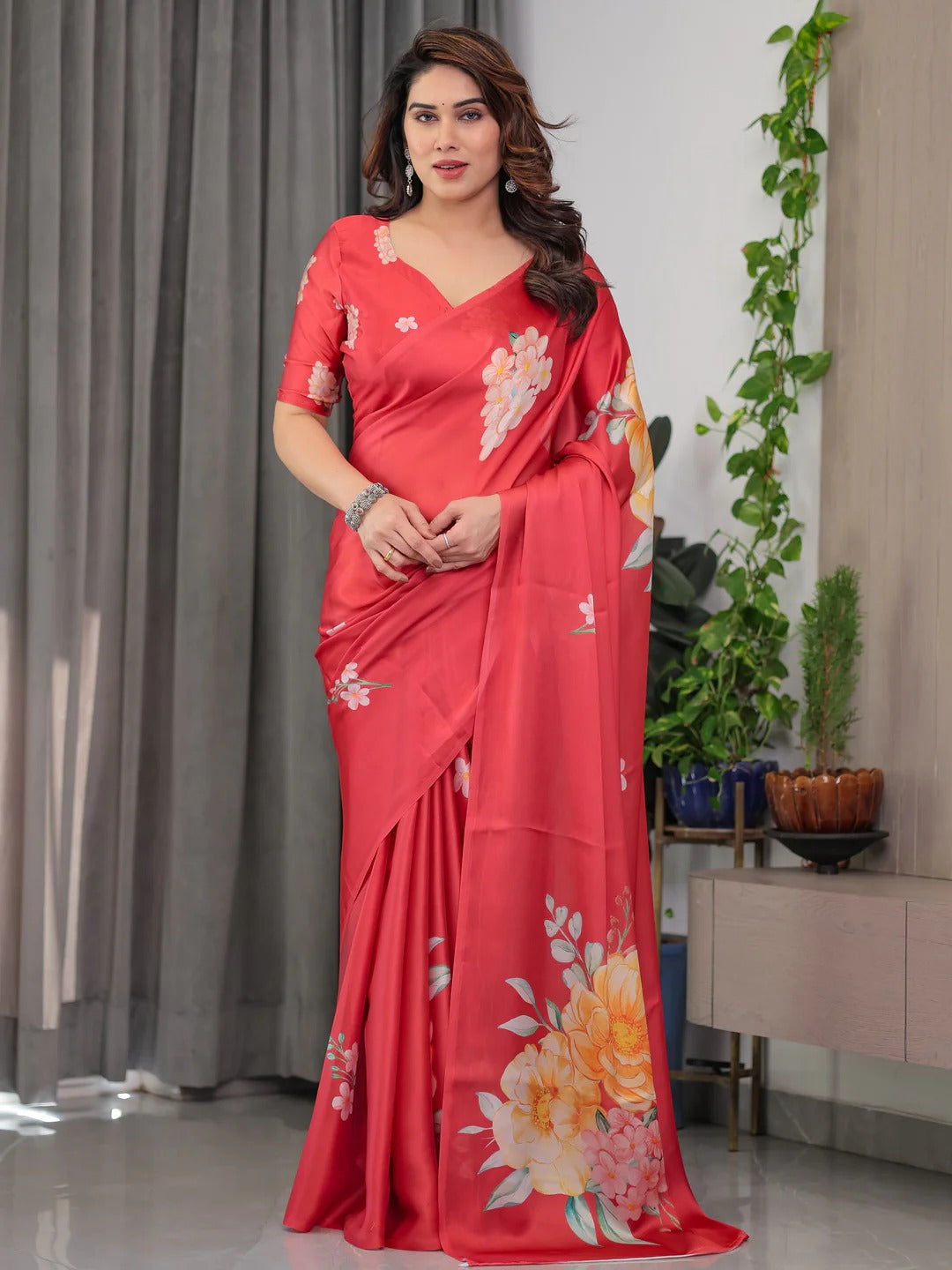 Coral Floral Satin Saree with Unstitched Blouse for Women