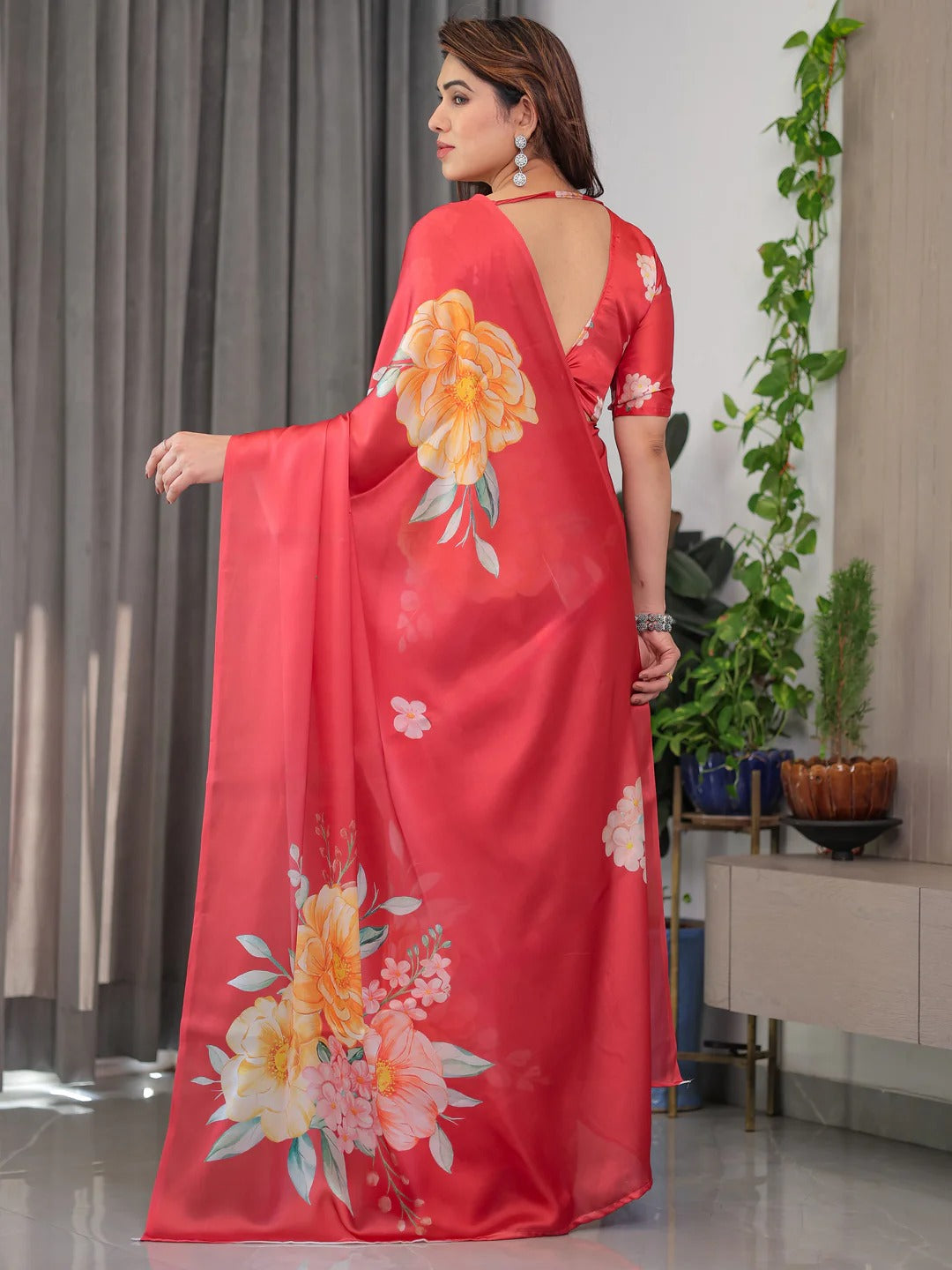 Coral Floral Satin Saree with Unstitched Blouse for Women