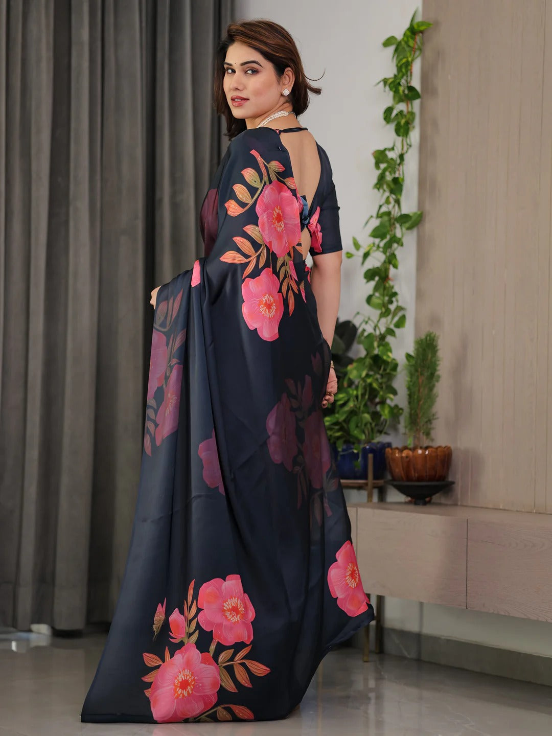 Navy Blue Floral Satin Saree with Blouse for Women