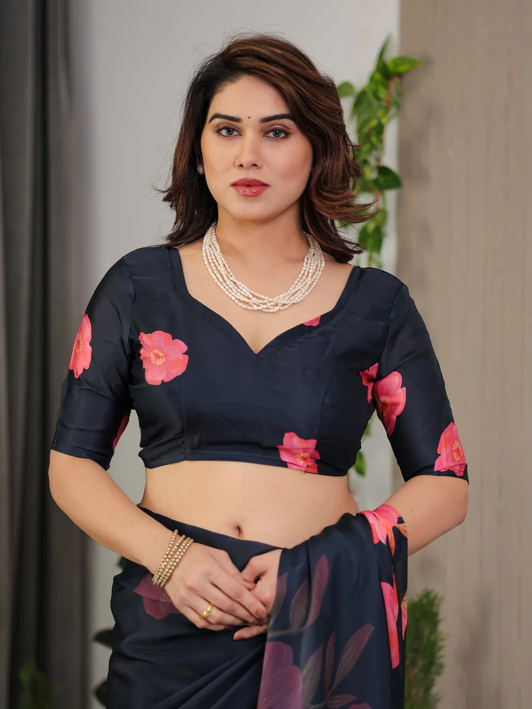 Navy Blue Floral Satin Saree with Blouse for Women