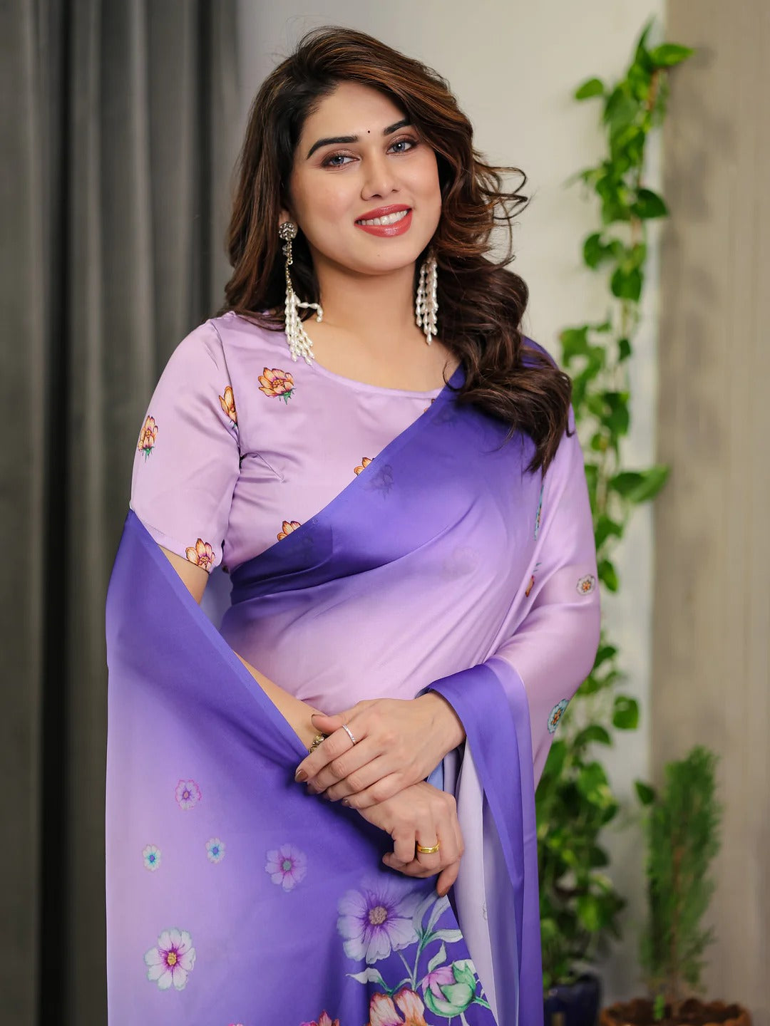 Lavender Floral Satin Saree with Blouse for Her for Women