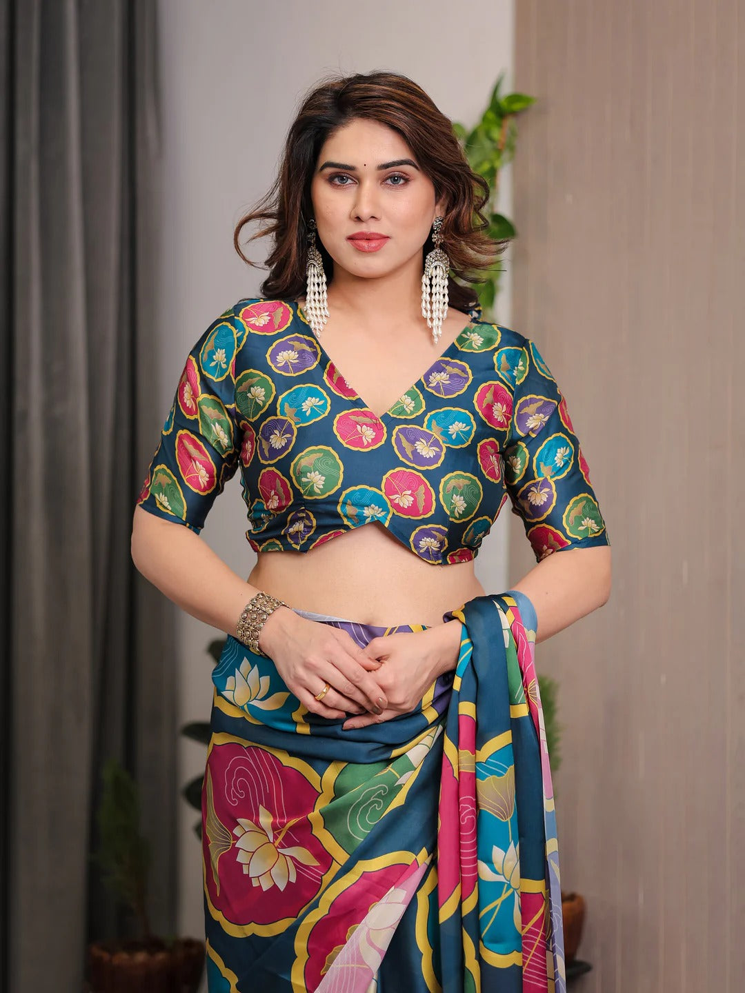 Teal Floral Satin Saree with Unstitched Blouse, for Women