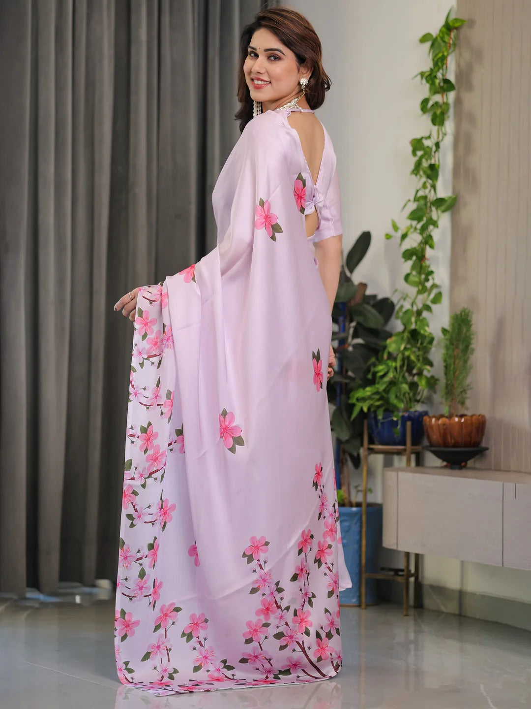Pink Floral Satin Saree with Unstitched Blouse, for Women