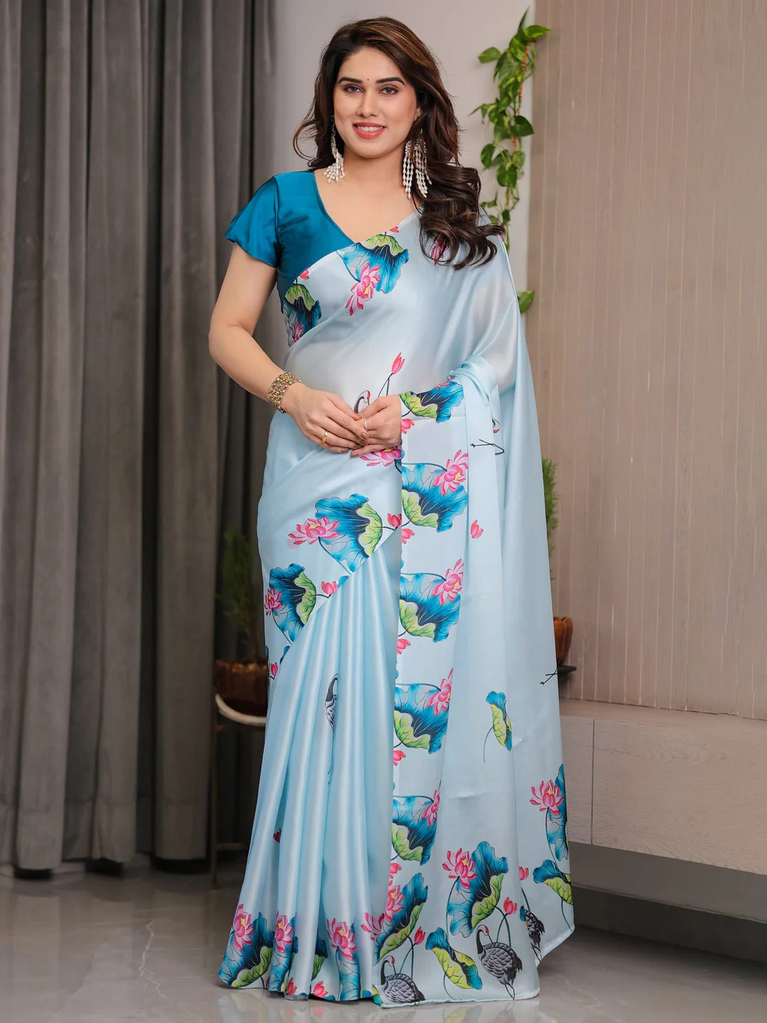 Sky Blue Lotus Print Satin Saree with Blouse by for Women