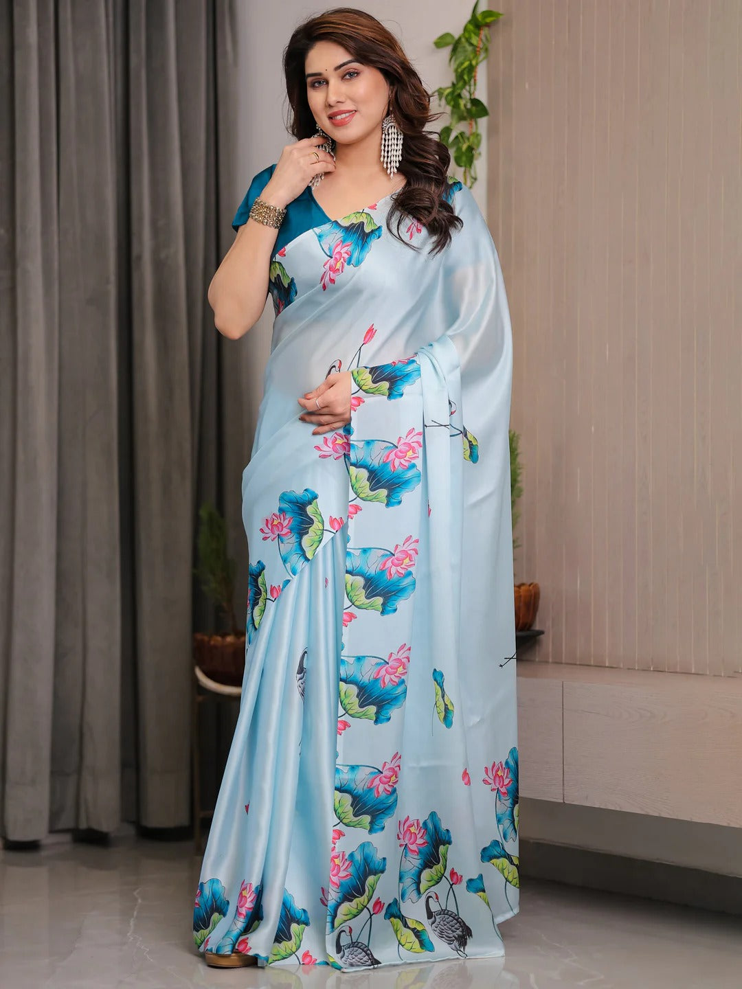 Sky Blue Lotus Print Satin Saree with Blouse by for Women
