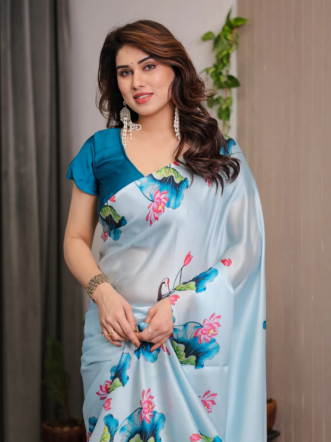 Sky Blue Lotus Print Satin Saree with Blouse by for Women
