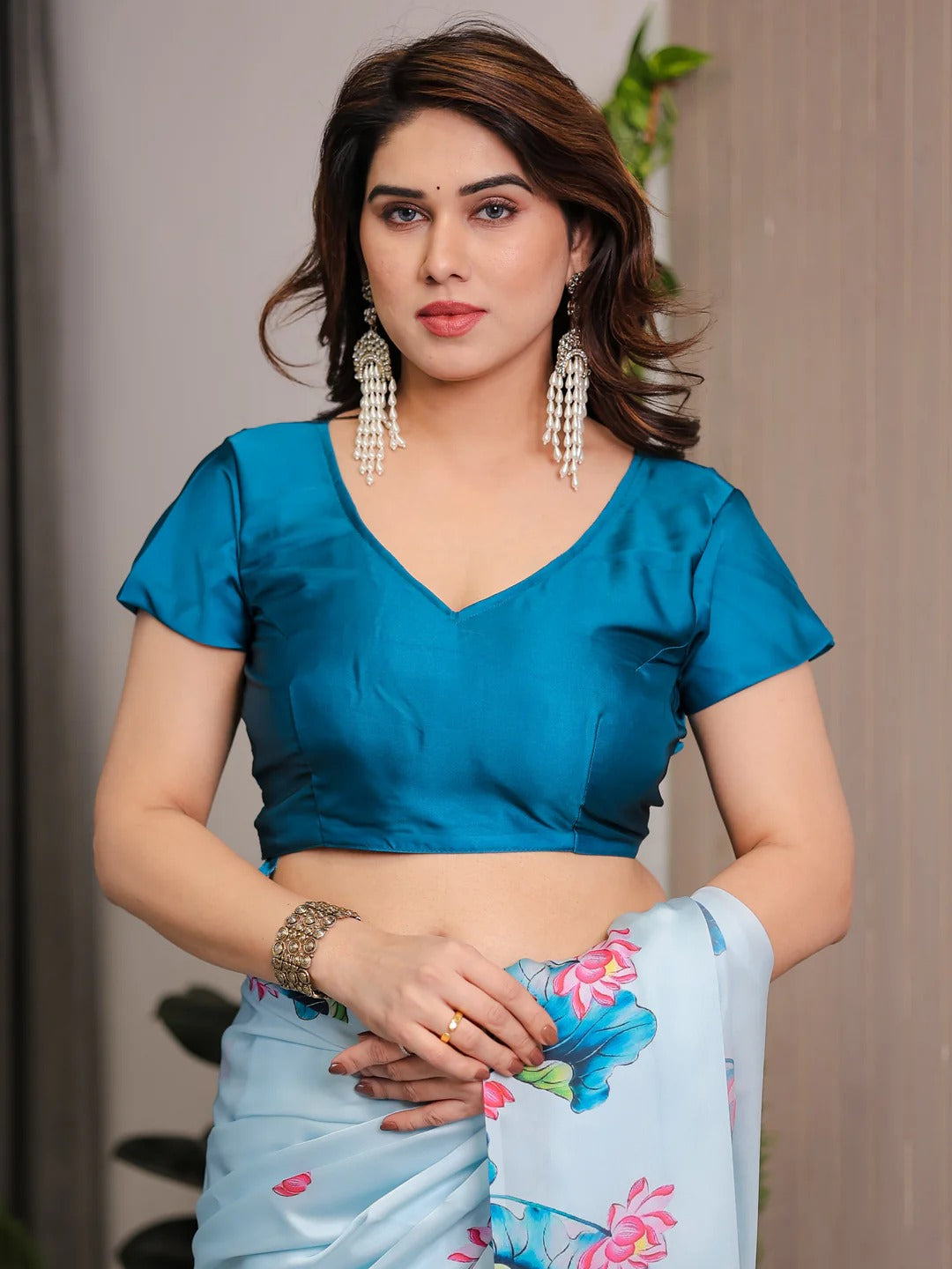 Sky Blue Lotus Print Satin Saree with Blouse by for Women