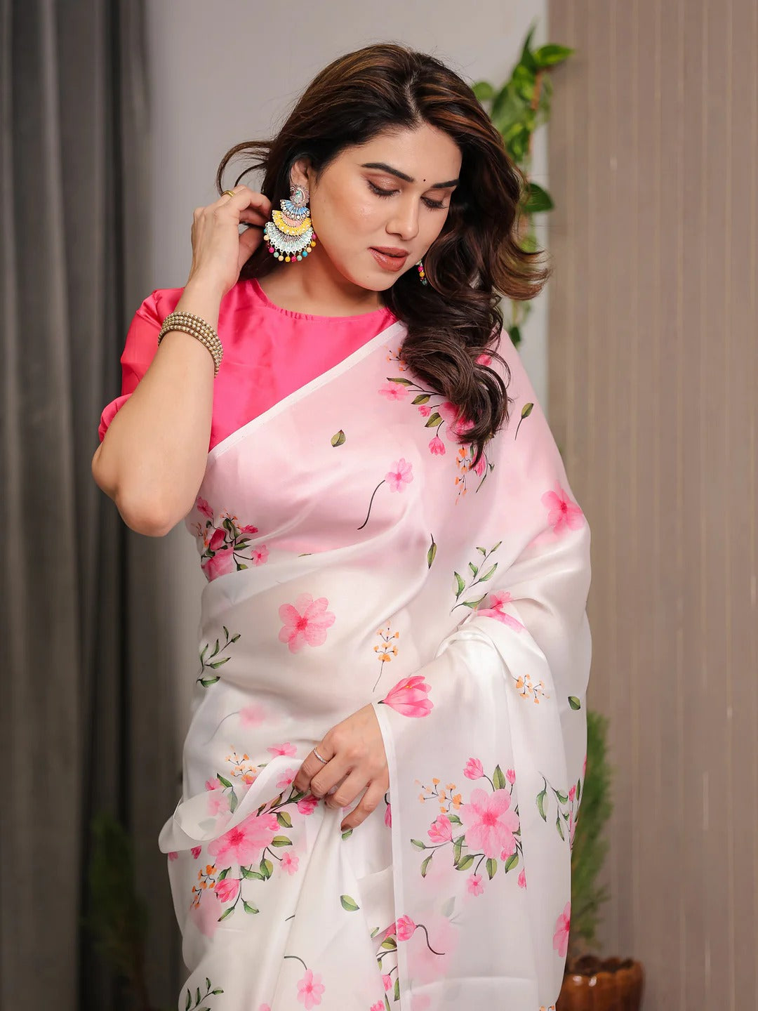 White Floral Satin Saree with Pink Flower Print for Women