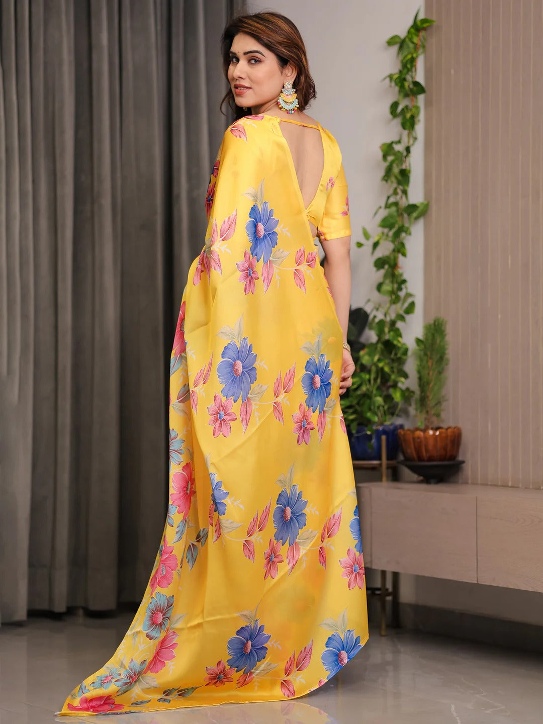 Yellow Floral Satin Saree with Unstitched Blouse by for Women