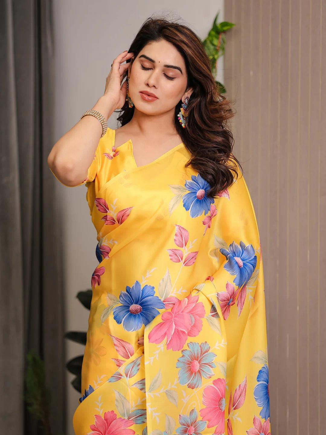 Yellow Floral Satin Saree with Unstitched Blouse by for Women