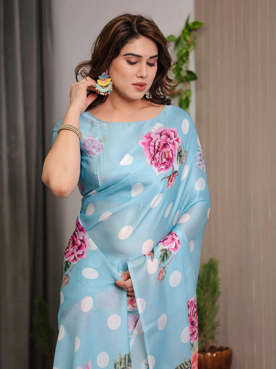 Blue Floral Satin Saree with Unstitched Blouse from for Women